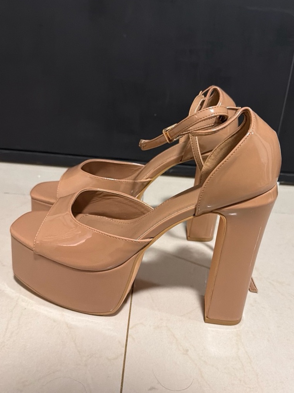 Forever 21 Nude Patent Platform Block Heels with Ankle Strap
